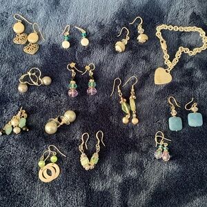 Set of 12 earrings + 1 bracelet silvers/blues/purples/greys